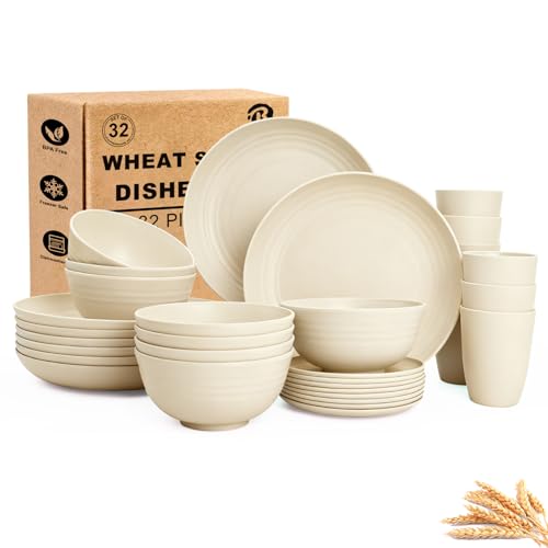 Image of BUSOKIP Wheat Straw Dishes Set Service for 8, Reusable Plastic Dinnerware Set 32 PCS, Kitchen Plates and Bowls sets, Unbreakable Microwave and Dishwasher Safe Camping Dishes for RV, Outdoor - Beige