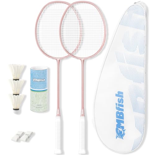 MBFISH Badmintonschläger-Set mit 2 Kohlefaser-Schlägern, 3 Federbällen, 2 Ersatz-Griffbändern und 1 Badminton-Tasche, perfekt für Anfänger und Outdoor-Spiele, 4U, Roségold, 2P