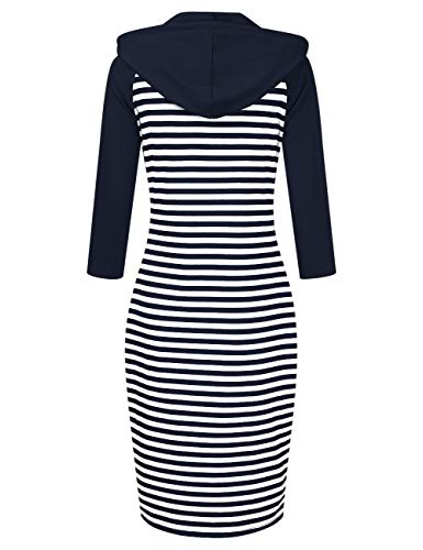 Clearlove Women's Stripe Pocket Knee Length Slim Pullover Hoodie Dress (S, Raglan/White&Navy) #TOP3
