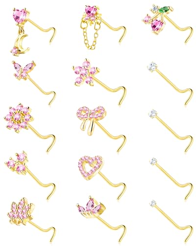 Nose Rings Corkscrew for Women Nose Piercings 20G Surgical Stainless Steel Gold Plated Nose Studs Pink Red CZ Heart Butterfly Flower Cherry Bow Moon Dangle Nose Piercing Jewelry