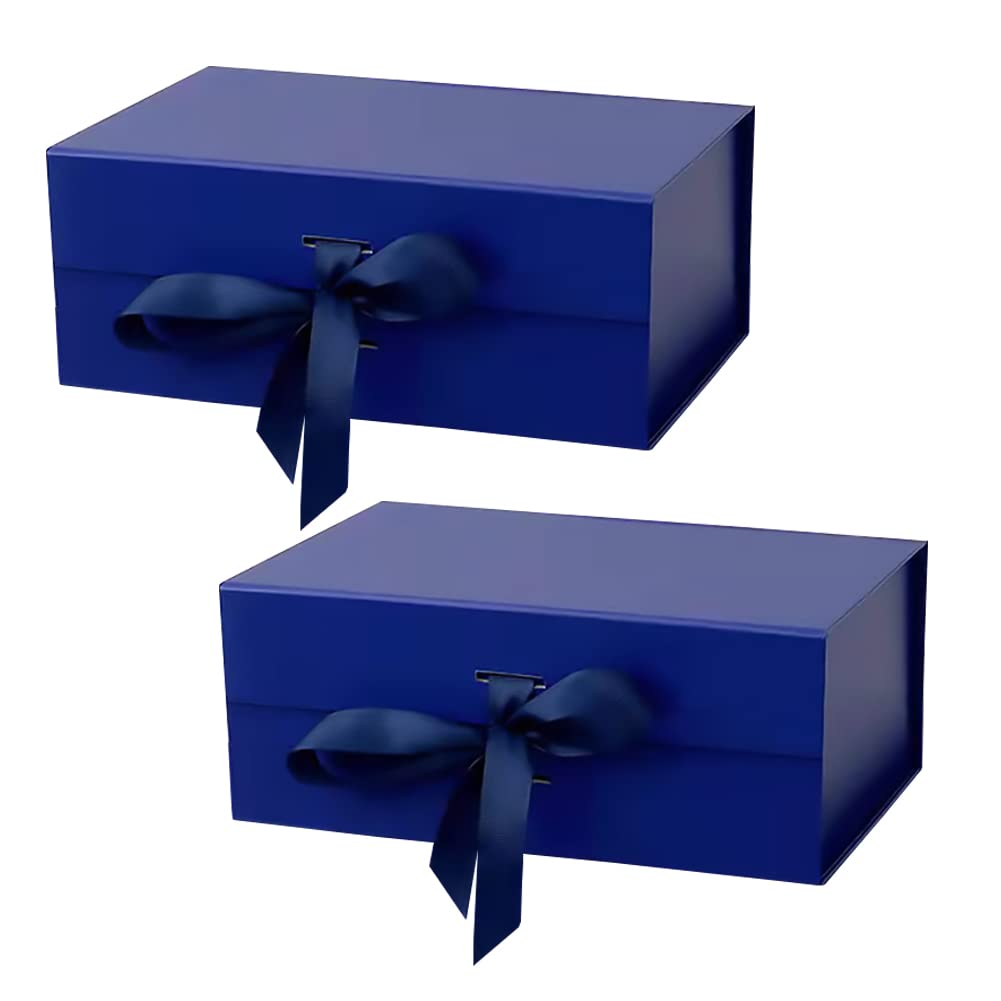Hoiwigy Blue Gift Box with Ribbon, Magnetic Boxes for Gift Wrapping, Anniversary, Birthday, Ramadan, Eid al-Fitr, Eid al-Adha, New Year (26 × 17 × 11 سم (عبوة من 2))