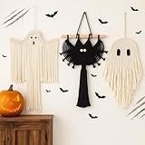 Remagr 3 Pcs Halloween Macrame Ghost Bat Wall Decor Handmade Ghost Wall Hanging Halloween Boho Decorations, Spooky Season Decor for Home Decorations