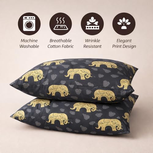 Image of King Size 100% Pure Cotton Bedsheet | Royal Elephant Design with 2 Pillow Covers, 300 TC, 108 x 108 Inches Bedding Set, Soft & Breathable Cozy Flat bedsheets, Dark Grey