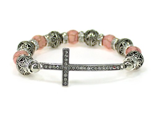 4030221 Beaded Cross Stretch Bracelet Pink Christian Filigree Design