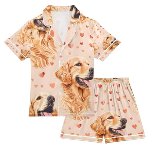 senya Golden Retriever Dog Hearts Satin Summer Pajama Sets Silk Short Sleeve Button Down Sleepwear