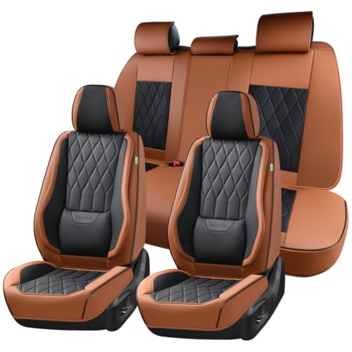 Image of FLORICH Car Seat Covers Full Set Automotive Seat Covers with Lumbar Support Premium Nappa Leather Waterproof Seat Covers for Car 5 Seats Universal Fit for Most Car Truck SUV, Brown&Black