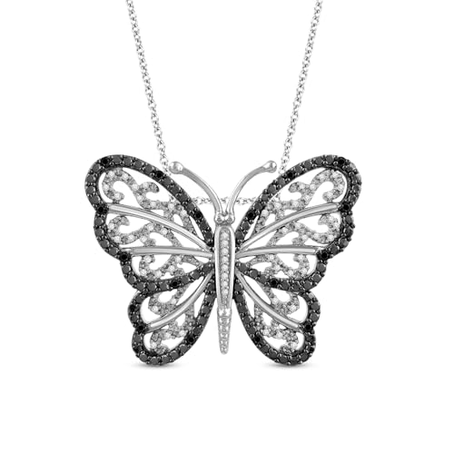 Jewelili Sterling Silver Butterfly Pendant Necklace for Women | 1/3 CTTW Natural White Round Diamonds or Treated Black and White Diamonds | 18