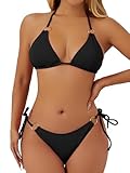 swimall Women's String Bikini Set Sexy Tie Side Two Piece Swimsuit Cute Triangle Halter Bathing Suit - 425 - Black - Medium