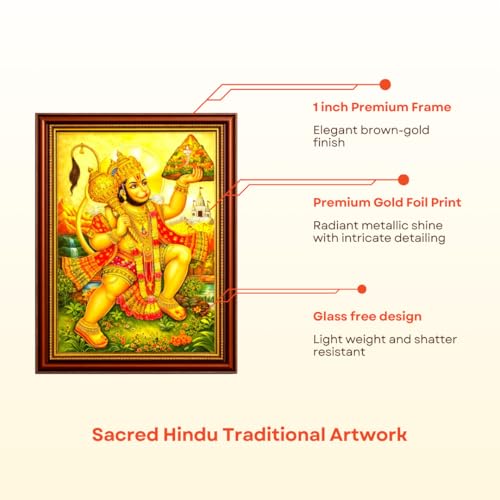 Image of Paramporul Gallery Hanuman Carrying Sanjeevi Parvat Gold Foil Photo Frame for Pooja Room, Hindu God Wall Decor, Ready to Hang, 10x14 Inch
