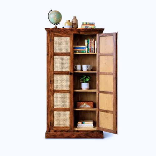 Image of Modern Furniture Boho Sheesham Wooden Crockery Cabinet with Door | Solid Wood Multipurpose Storage Cabinets for Living Room Home & Kitchen | Book Shelf Wooden - Natural Finish