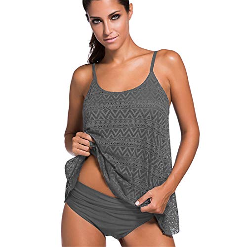 Qianmome Womens Layered Lace Mesh Swimsuit Solid Ruched Tankini Bathing Suit