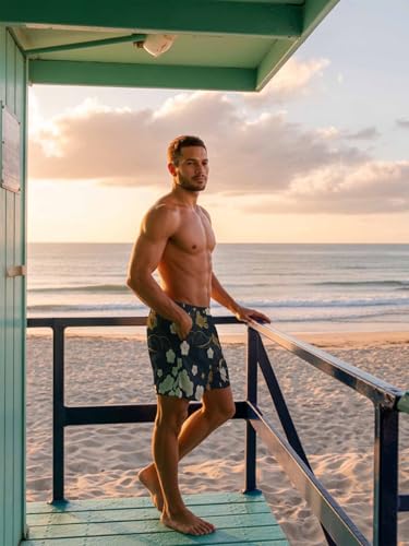 Mens Swim Trunks with Compression Liner,Japanese Floral on Black Men's Inseam Board Shorts Quick Dry Bathing Suit for Men4