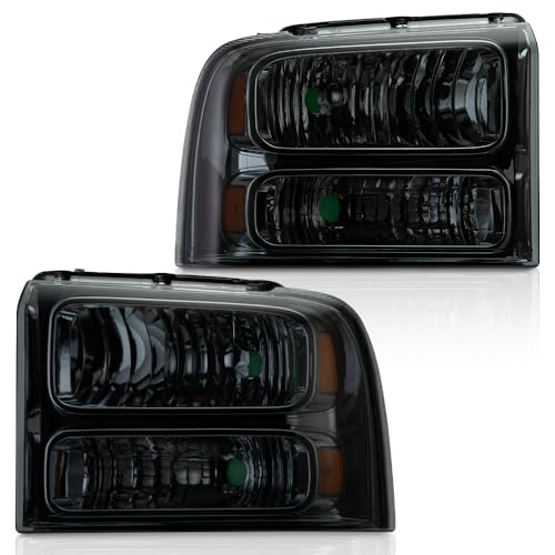 Image of GRAND ORANGE Pair Headlights Assembly, Compatible with Ford F250 F350 F450 F550 Super Duty 2005-2007, Fit Ford Excursion 2005, Left Driver & Right Passenger, Smoky Lens Chrome Housing Amber Reflector
