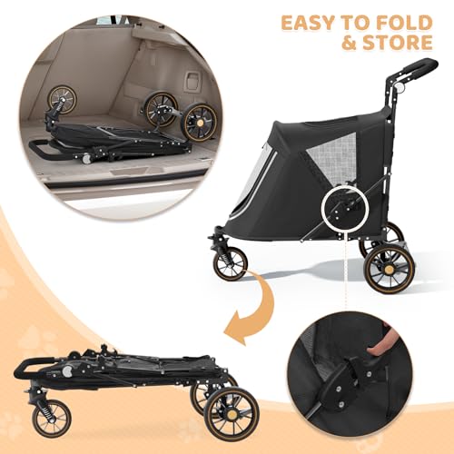 Image of Magshion Pet Stroller for Medium Large Dog, 3-Wheel Foldable Jogger, Black | All-Terrain with Adjustable Handle, Dual Entry, Rear Storage, Breathable Mesh, One-Foot Brake, Up to 55 lbs