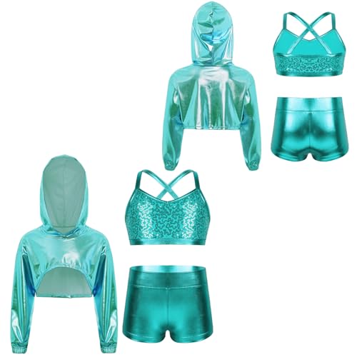 Aislor Kids Girls Long Sleeve Hoodie Bomber Jacket Sequins Hip Hop Jazz Ballet Dance Crop Tops Vest and Shorts Set3