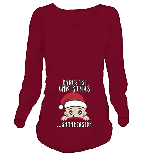 Q.KIM Camiseta Divertido Estampada de Manga Larga Premamá para Mujer Embarazo (S, Christmas Estilo 2,Rojo Vino)