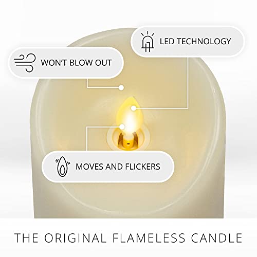 Image of Luminara Realistic Moving Flame LED Candle Scalloped Edge Smooth Finish Real Wax Pillar, Vanilla Honey Scented, Timer - Ivory (3 inch x 4.5 inch)