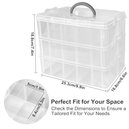 Image of 3-Tier Stackable Storage Container Box, 30 Compartments - Upgraded Large Clear Craft Organizer with Dividers for Beads, Small Toys, Jewelry, Washi Tape & Sewing Supplies