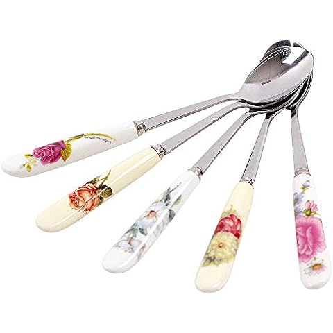Peakpet Kaffeelöffel Edelstahl Kuchenlöffel Teelöffel mit Keramik Griff Schöne Blumen Drucken Porzellan Dessertlöffel Joghurtlöffel 15cm Lange Macchiato Löffel Cover