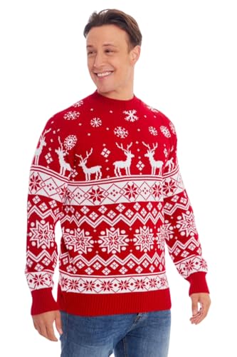 STAR FASHION Mens Knitted Christmas Jumper Xmas Sweatshirt Long Sleeve Mens Unisex Santa Present Xmas Sweater Warm Merry Christmas Cardigan Family Jumper-Red-XXL