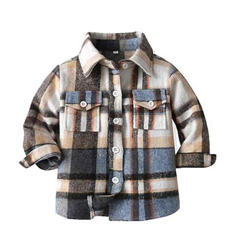 Jaqueta xadrez de flanela para meninos e meninas, manga comprida, lapela com botões, bolso regular,