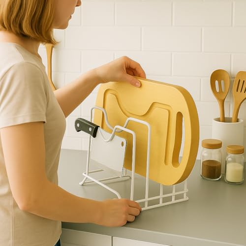 Image of Pan & Pot Lid Organizer Rack - Multifunctional Cookware for Cabinet, Pantry Chopping Board Holder, Space-Saving Kitchen Organizer, Black (L-9 x W-7 x H-9 in (PAN RACK WHITE)