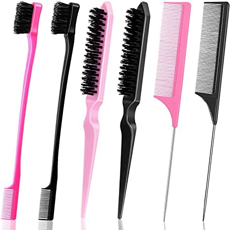 6 Pieces Teasing Brush Set Includes Dual Edge Brush, Comb Bristle Hair Brush Hairline Brush and Rat Tail Comb with Stainless Steel Long Tail Soft Glossy Teasing Brush for Hair Stylist Women Kid Travel