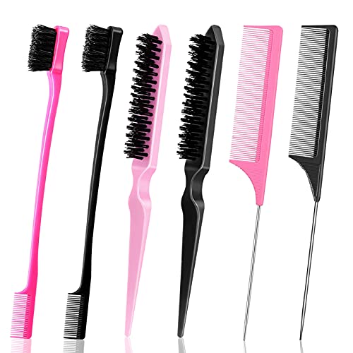 6 Pieces Teasing Brush Set Includes Dual Edge Brush, Comb Bristle Hair Brush Hairline Brush and Rat Tail Comb with Stainless Steel Long Tail Soft Glossy Teasing Brush for Hair Stylist Women Kid Travel (Pink+Black) 6 Pieces Teasing Brush Set Includes Dual Edge Brush, Comb Bristle Hair Brush Hairline Brush and Rat Tail Comb with Stainless Steel Long Tail Soft Glossy Teasing Brush for Hair Stylist Women Kid Travel (Pink+Black)
