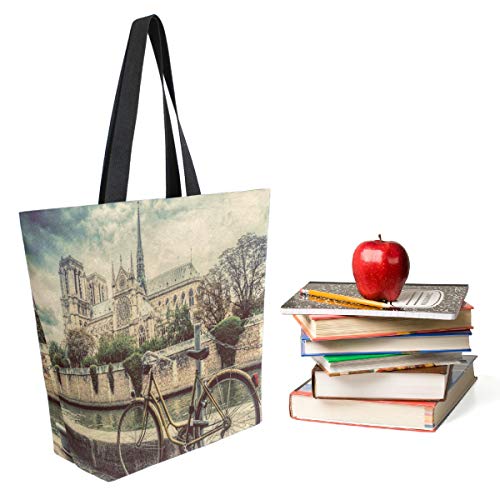 ZzWwR Vintage Paris Notre Dame Cathedral Seine River Bike Print Extra Large Canvas Shoulder Tote Top Storage Handle Bag for Gym Beach Weekender Travel Shopping