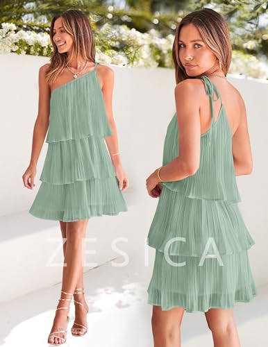 Image of ZESICA Women's Boho Summer One Shoulder Sleeveless Ruffle Tiered Layered Chiffon Pleated A Line Flowy Mini Dress