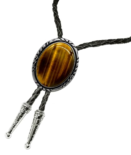 Image of Moranse Bolo Tie with Natural Tiger Eye Stone Celtic Style Genuine and Cowhide Rope