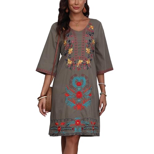 Image of Grosy Women's Embroidered Mexican Fiesta Dress Plus Size Traditional Floral Boho Dresses for Women Peasant Hippie Outfit
