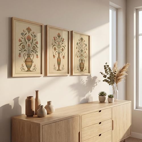 Image of NoWorries Floral Vase Wall Art Set of 3 Framed Prints | Indian Traditional Botanical Painting, Vintage Rajasthani Flower Pot Poster, Ethnic Royal Wall Decor for Living Room Bedroom Home (Synthetic Engineered Wooden Frame) (MIN -7, 10x13 inches)