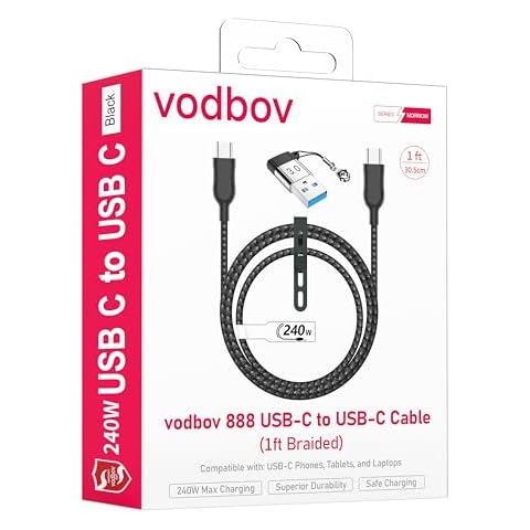 VODBOV 888 Type C Belt Cable 1ft Fast Charging USB C to USB C 240W, Data Transfer - with Type A to Type c 3.0 Adapter (Black) Cover