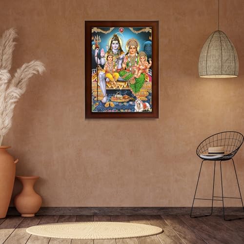Image of Shiv Parivar Religious Wood Wall Mount Rectangular Photo Frame With Acrylic Glass (Brown, 10 X 13 Inches)