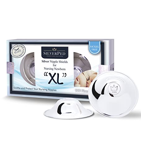 Original 100% Silver Nipple Shields, Soothe and Protect Sore Nipples for Breastfeeding Newborn, Nickel-Free Silver Nursing Cups, Polished Surface, 2 Pieces (XL)