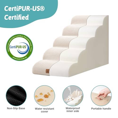COZY KISS Hundetreppe für Kleine Hunde 57cm, Haustiertreppe für Hochbett aus Hochdichtem Schwamm, Hunde Treppe Hunderampe mit Waschbarem Bezug und Rutschfestem Boden, 40x84x57cm, 5 Stufen, Beige