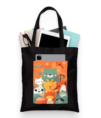 Image of ZORI Black Tote Bag With Pocket Printed Designed Canvas Tote Bags For Women large capacity,Tote bag For Shopping, College, Travel, More Canvas Handbag For Unisex Bag