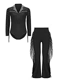 Agoky Jungen Langarm Tanzbody + Tanzhose mit Fransen Latein Body mit Strassstein Modern Standard Hose Eiskunstlauf Wettbewerb Outfits Schwarz 170