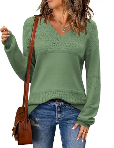 Image of Zeagoo Womens 2026 Fall Sweaters Casual Long Sleeve Ribbed Knit Pullover V Neck Lightweight Crochet Pullover Sweater Top