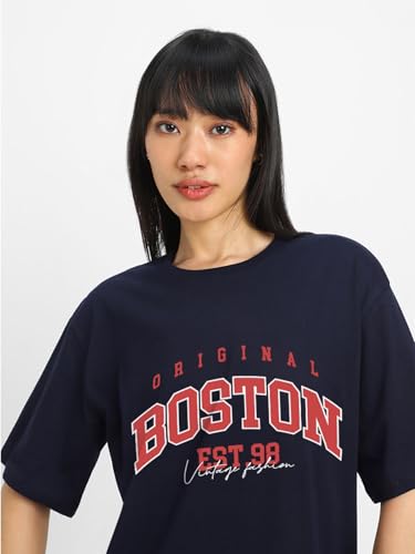 Image of JUNEBERRY Round Neck Drop Shoulder Round Neck Black & White Graphic Printed Pure Cotton Oversized Baggy Fit Half Sleeve T-Shirt for Women & Girls (Sizes: S to 2XL)