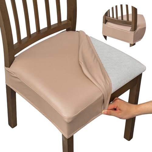 NILUOH Waterproof Seat Covers for Dining Room Chairs Set of 6, Pu Leather Chair Seat Slipcovers Dining Chair Cover Removable Washable Chair Protctor Cover No Rear Covers
