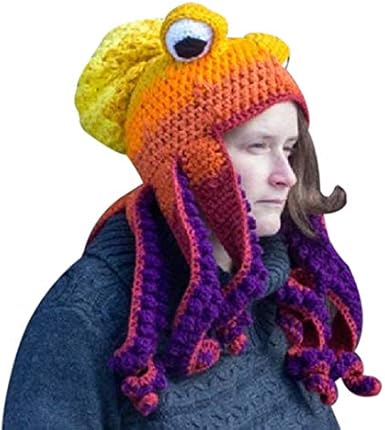 Crochet Octopus Hat Winter Headwear,Octopus Adult Tentacle Hat Hand-Woven Knitted Octopus Hat,Funny Animal Hat (Orange)