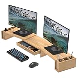WELL WENG Large 3 Shelf Monitor Stand Riser with Adjustable Length Angle Storage Organizer,Bamboo