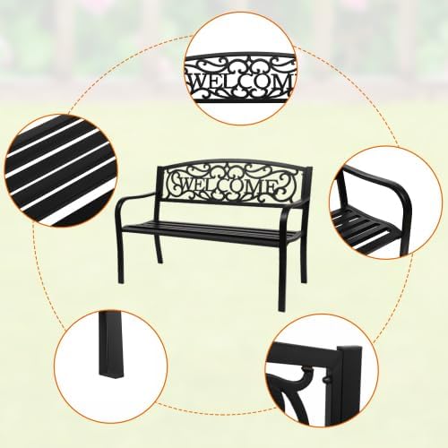 50" Outdoor Garden Bench, Patio Furniture Metal Outdoor Chair with Cast Iron Frame, Weather Proof 2-Person Outdoor Loveseat with Welcome Backrest for Park, Porch, Pool, Backyard