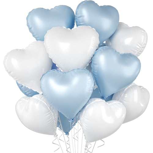Image of Baby Blue Heart Balloons, 10 Pcs Pastel Light Blue and White Heart Shaped Balloon, 18 Inch Cream Sand White Foil Balloons for Boys Men Brithday Bridal Baby Shower Wedding Valentines Party Decoration
