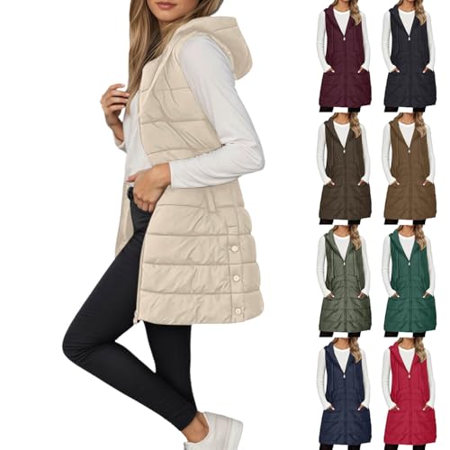 JiXiang Long Vest for Women Sleeveless Winter Warm Quilted Zipper Puffer Vest with Hood Padded Down Coat Jackets Outerwear