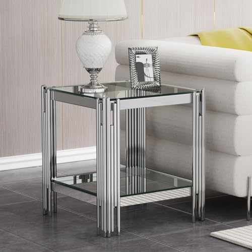 Maotifeys Glass Silver End Table Luxury 2-Tier Sofa Side Table for Living Room, Modern Square Bedside Table Nightstand with Clear Glass Top & Silver Stainless Steel Legs
