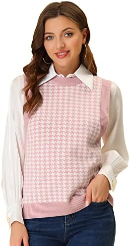 Allegra K Women's Round Neck Vest Sleeveless Houndstooth Plaid Knitted Sweater Medium Pink