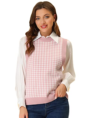 Allegra K Women's Round Neck Vest Sleeveless Houndstooth Plaid Knitted Sweater Medium Pink #TOP13
